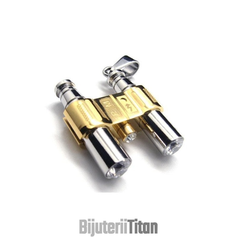 Colier Cu Pandantiv Binocle Din Titan Pur, Auriu, Argintiu, Cu Model Auriu Colier Cu Pandantiv Binocle Din Titan Pur, Auriu, Argintiu, Cu Model Auriu