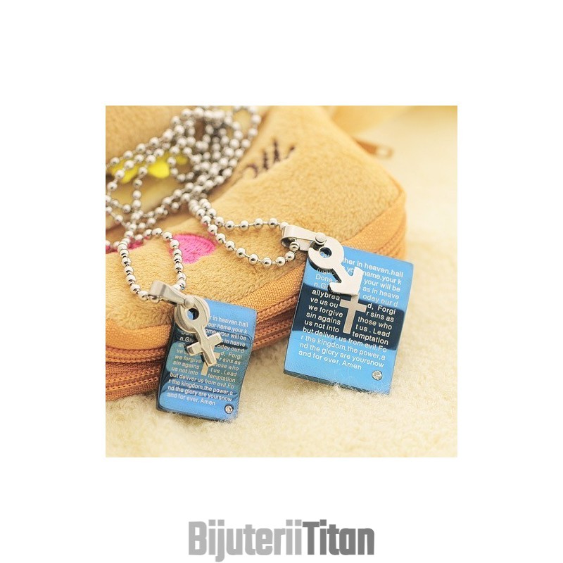 Colier Cu Pandantiv Pentru Cupluri Cu Inimă De Inimă Albastră La Modă