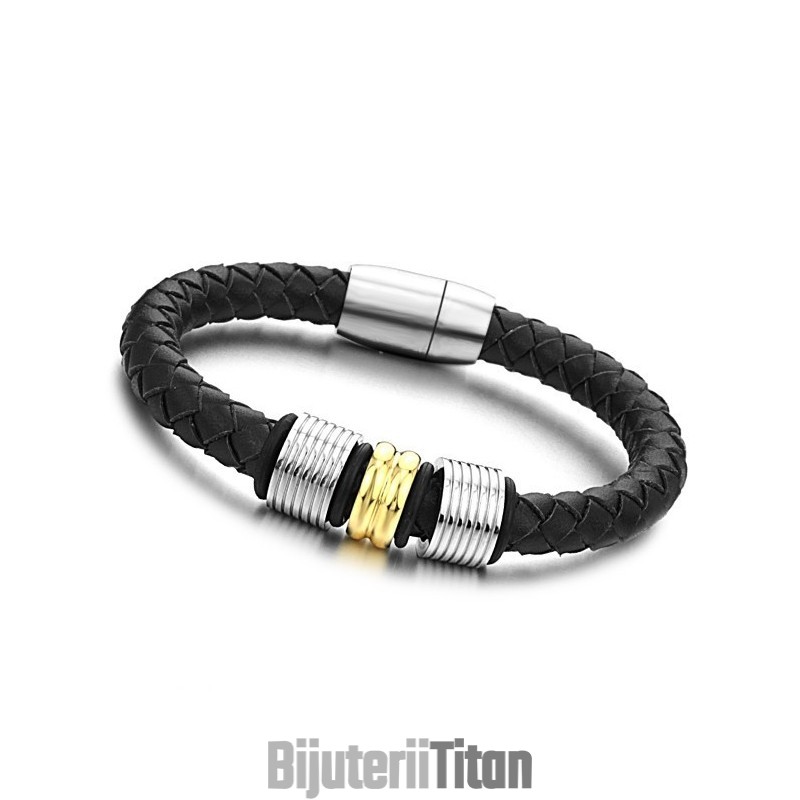 Brățară Din Piele Neagră De Titan Cu Varietăți Largi