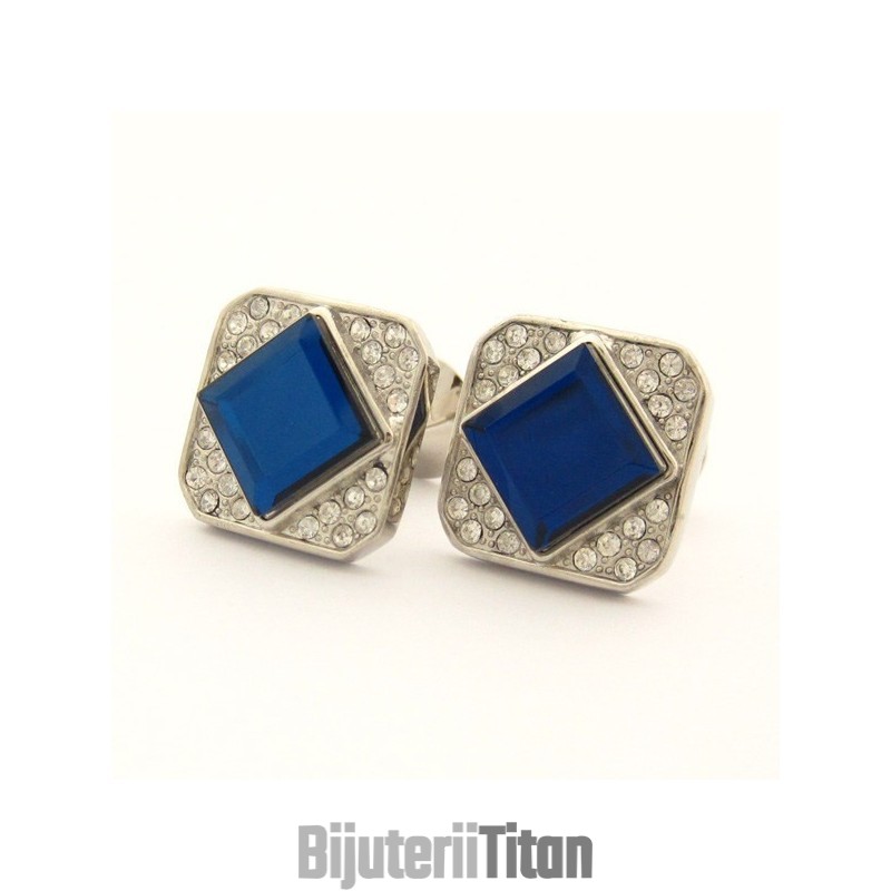 Butoni Pătrați Din Titan Cu Cristale Albastre Și Diamante Butoni Pătrați Din Titan Cu Cristale Albastre Și Diamante