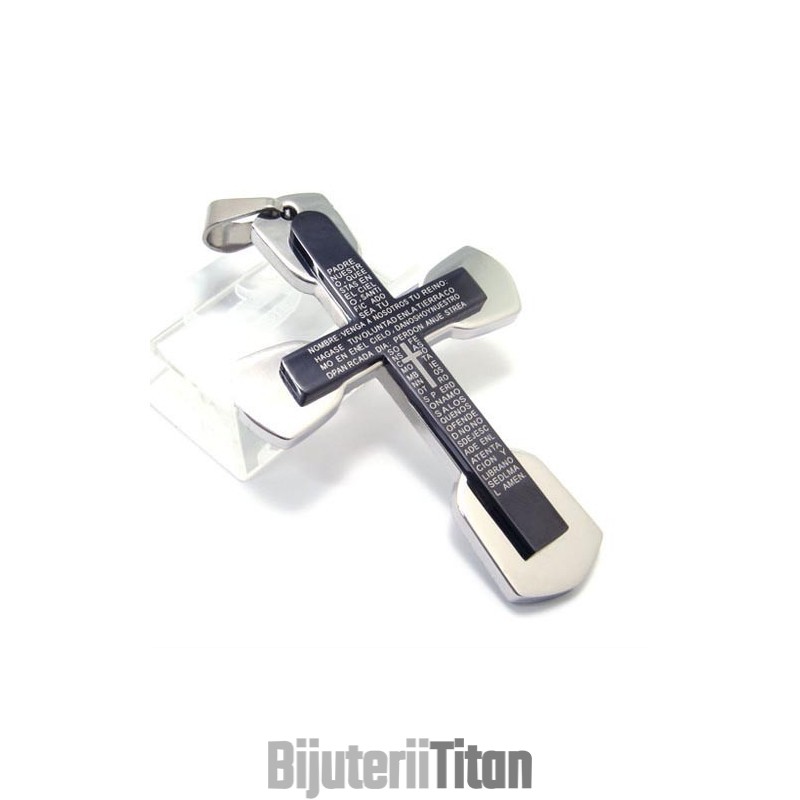 Pandantiv Cruce Biblică Din Titan Negru Pentru Bărbați La Modă - Lanț Gratuit
