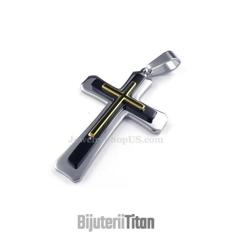 Colier Cu Pandantiv Cruce Din Titan Cu Trei Niveluri (Lanț Gratuit)