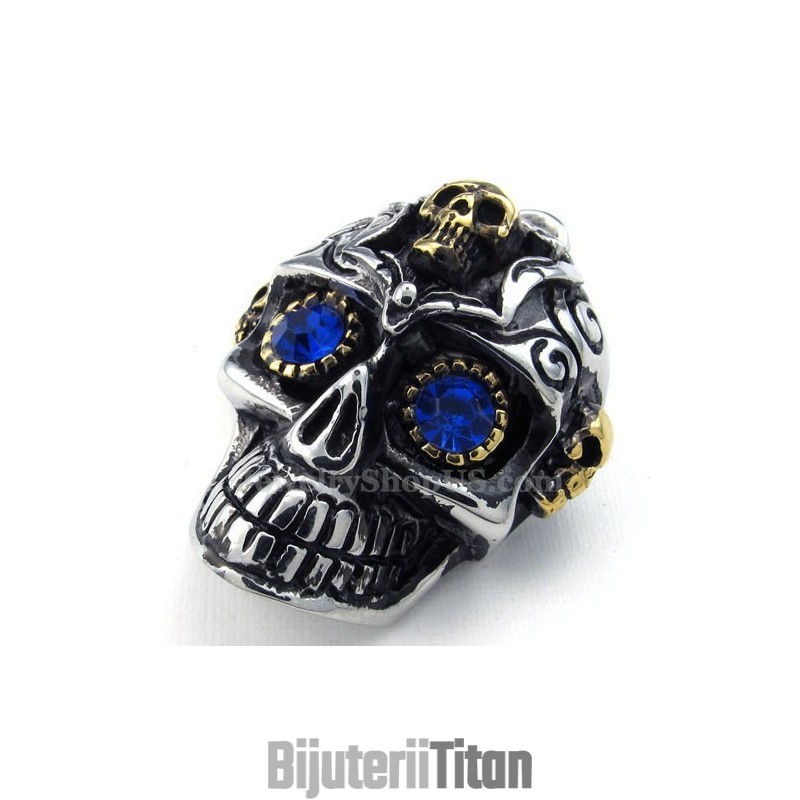 Colier Cu Pandantiv Din Titan Cu Craniu Și Ochi Albaștri (Lanț Gratuit)