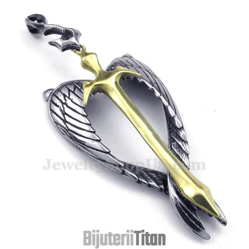 Colier Cu Pandantiv Wings Din Titan Și Aur, Cu Cruce (Lanț Gratuit)