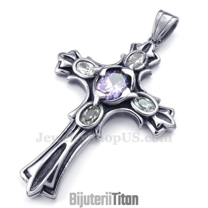 Colier Cu Pandantiv Cruce Din Titan Și Zirconiu Violet (Lanț Gratuit) Colier Cu Pandantiv Cruce Din Titan Și Zirconiu Violet (Lanț Gratuit)