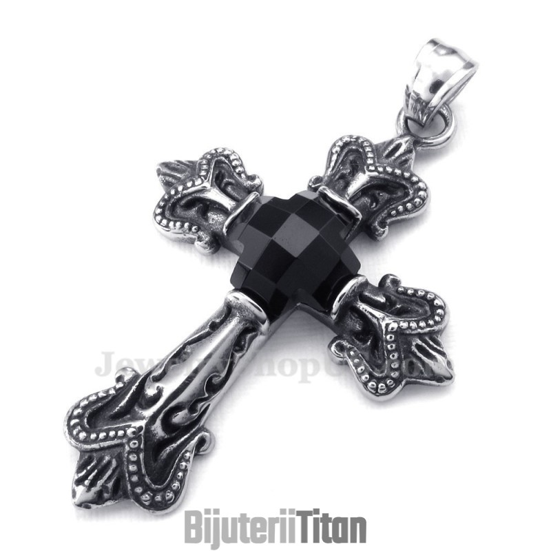 Colier Cu Pandantiv Din Titan, Cruce Și Zirconiu Negru (Lanț Gratuit)