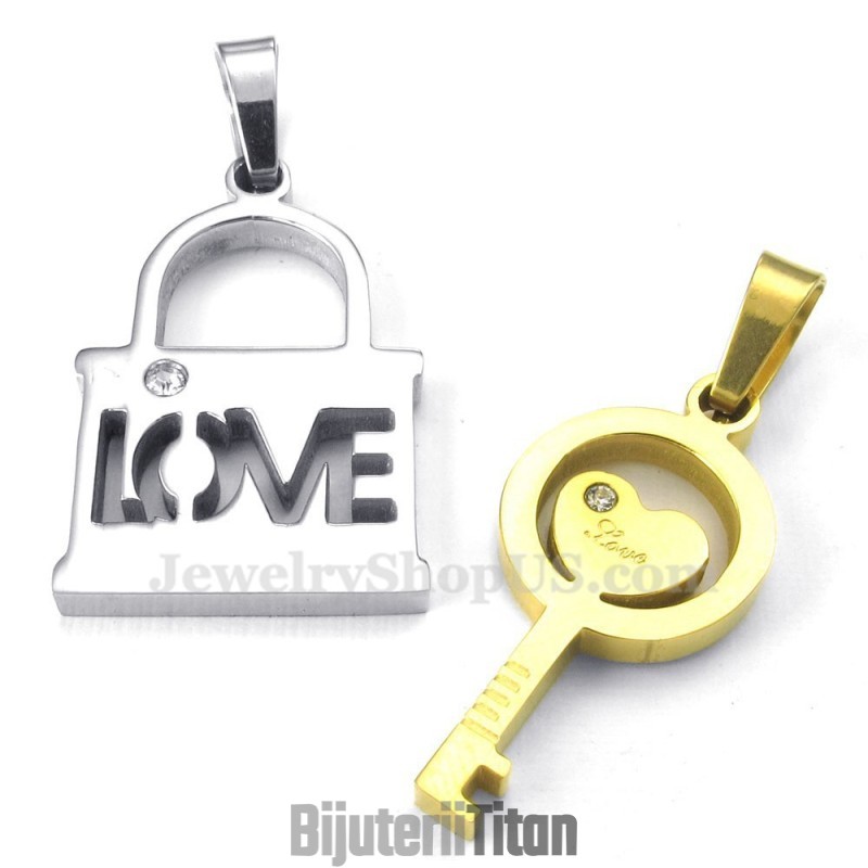 Colier Cu Pandantiv Din Titan Și Aur Pentru Cupluri Cu Cheie (Lanț Gratuit) (O Pereche)