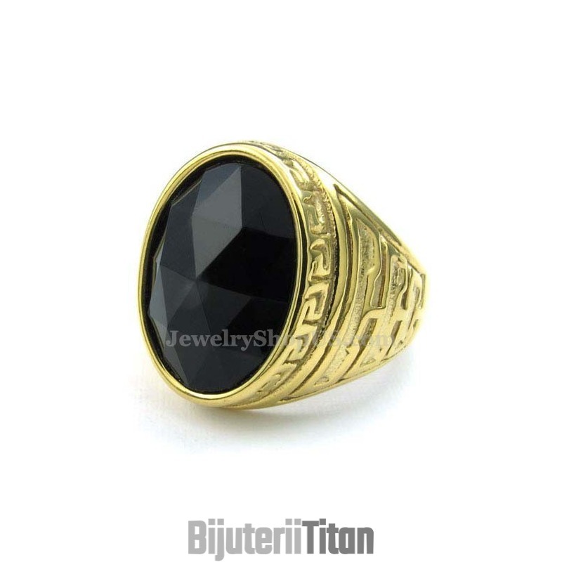 Inel Bărbătesc Din Titan Auriu Cu Zirconiu Negru Inel Bărbătesc Din Titan Auriu Cu Zirconiu Negru