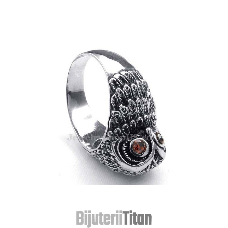Inel Bufniță Din Titan Cu Ochi Roșii Din Zirconiu