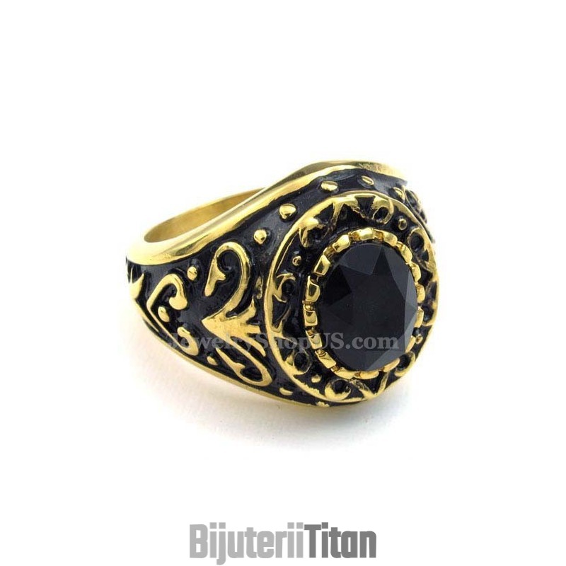 Inel Din Titan Auriu Cu Zirconiu Negru Inel Din Titan Auriu Cu Zirconiu Negru