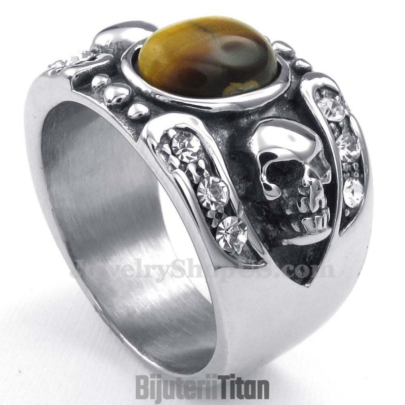 Inel De Titan Cu Craniu Și Piatră Ornamentală Inel De Titan Cu Craniu Și Piatră Ornamentală