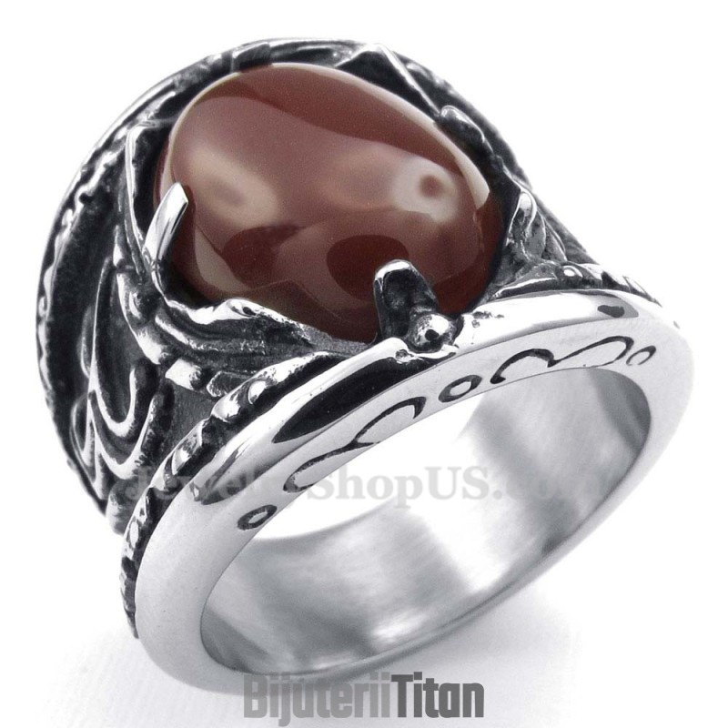 Inel Încrustat Cu Agat Roșu De Titan