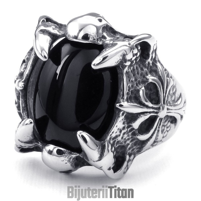 Inel Încrustat Cu Agat Negru De Titan