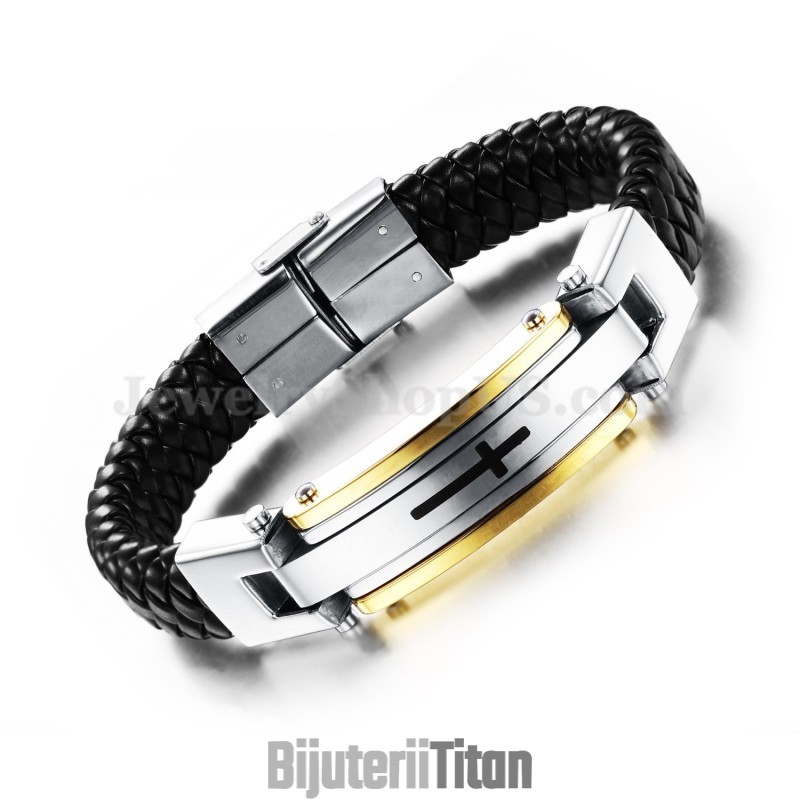 Brățară Bărbătească Din Piele, Cu Cruce, Din Titan, C916