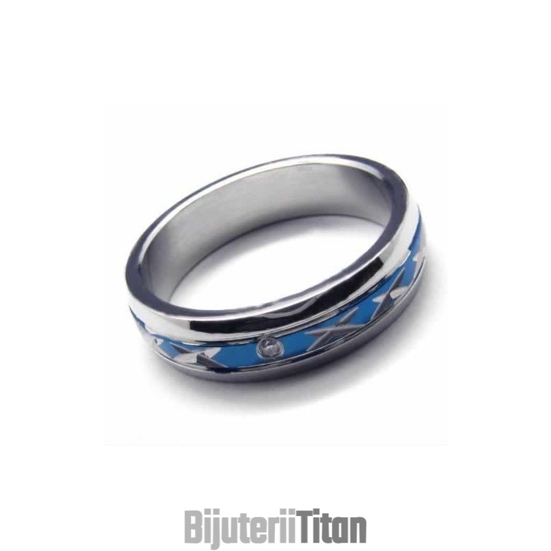 Inel Cu Diamante, 5 Mm, Din Titan Albastru, Încrustat