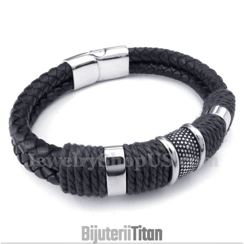 Brățară Bărbătească Din Piele Neagră Din Titan Brățară Bărbătească Din Piele Neagră Din Titan