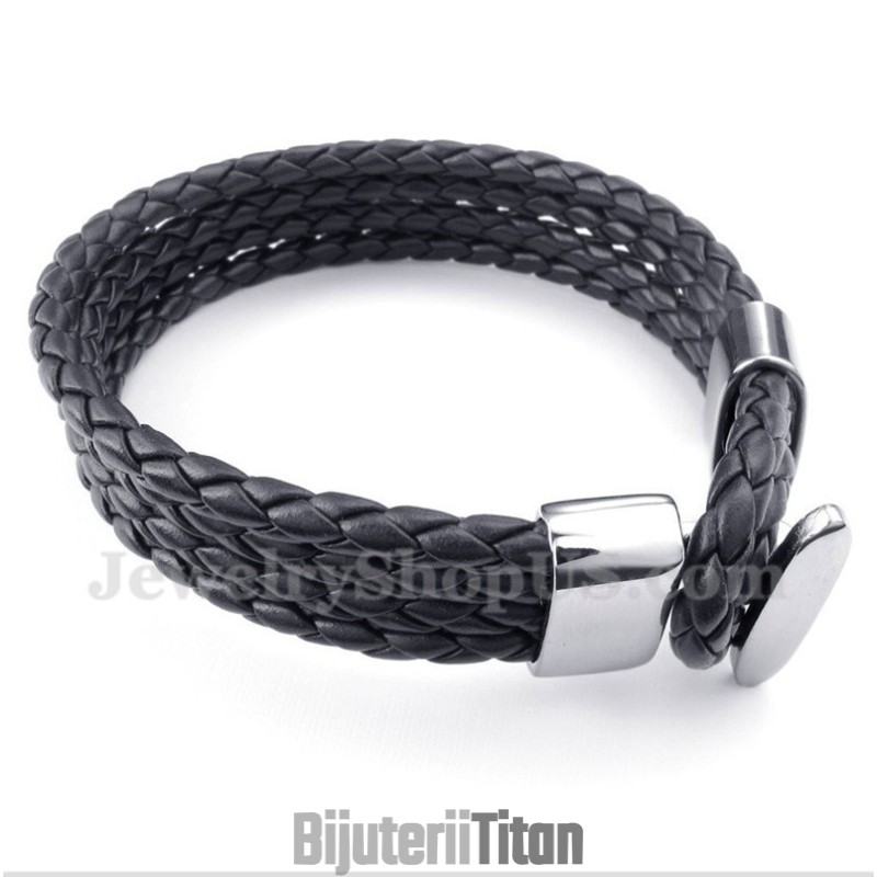 Brățară Bărbătească Din Piele Neagră Din Titan Brățară Bărbătească Din Piele Neagră Din Titan