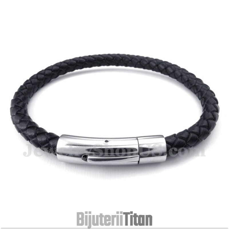 Brățară Bărbătească Din Piele Neagră Din Titan Brățară Bărbătească Din Piele Neagră Din Titan
