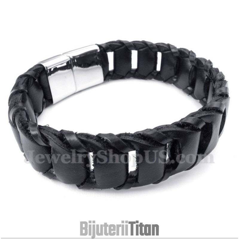 Brățară Bărbătească Din Piele Neagră Din Titan Brățară Bărbătească Din Piele Neagră Din Titan