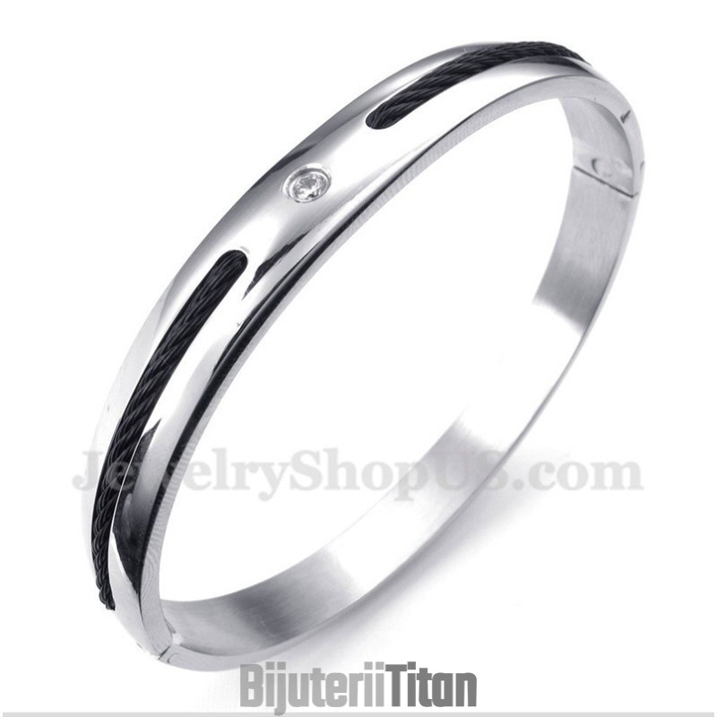 Brățară Bărbătească Din Titan Cu Cablu Negru Și Diamante Brățară Bărbătească Din Titan Cu Cablu Negru Și Diamante