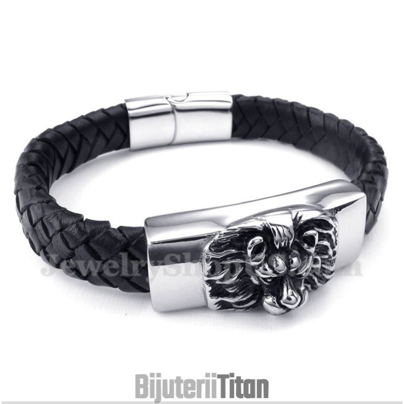 Brățară Bărbătească Din Piele Cu Cap De Leu Din Titan Brățară Bărbătească Din Piele Cu Cap De Leu Din Titan