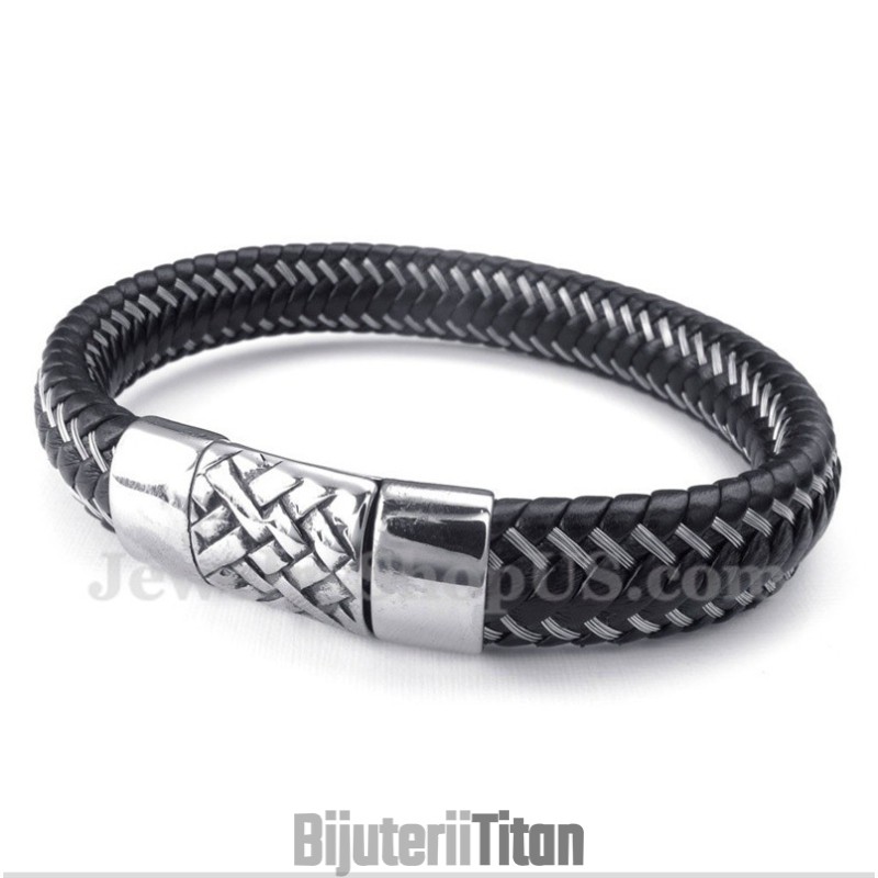 Brățară Bărbătească Din Piele Neagră Cu Cablu Din Titan Brățară Bărbătească Din Piele Neagră Cu Cablu Din Titan
