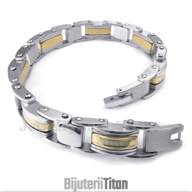 Brățară Bărbătească Din Titan, Auriu, Cu Model De Meandră Grecească Brățară Bărbătească Din Titan, Auriu, Cu Model De Meandră Grecească
