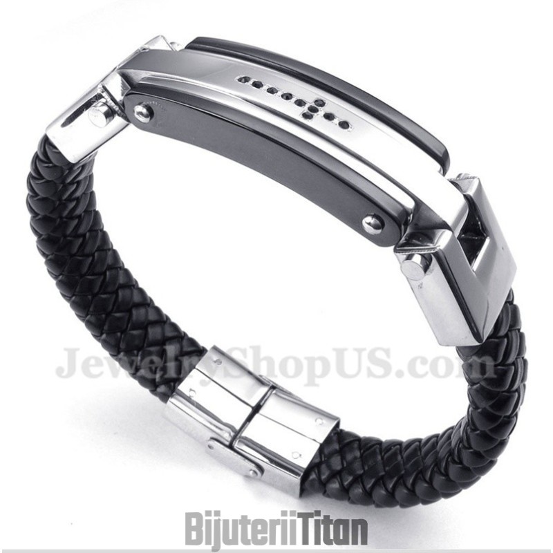 Brățară Bărbătească Din Piele Cu Cruce De Cristal Negru Din Titan Brățară Bărbătească Din Piele Cu Cruce De Cristal Negru Din Titan