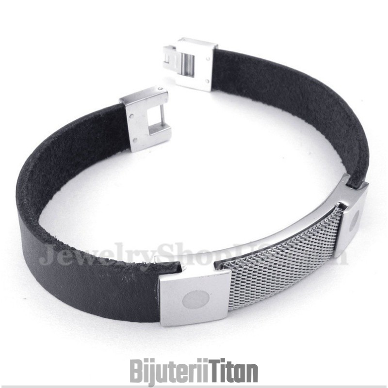 Brățară Bărbătească Din Piele Cu Plasă De Armură Din Titan