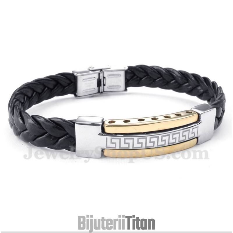 Brățară Bărbătească Din Titan, Model Grecesc De Meandră, Aurie, Din Piele Brățară Bărbătească Din Titan, Model Grecesc De Meandră, Aurie, Din Piele