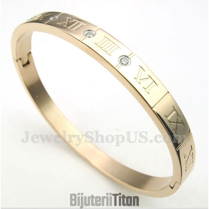 Brățară Bărbătească Din Titan, Diamant, Aur Roz Și Cifre Romane