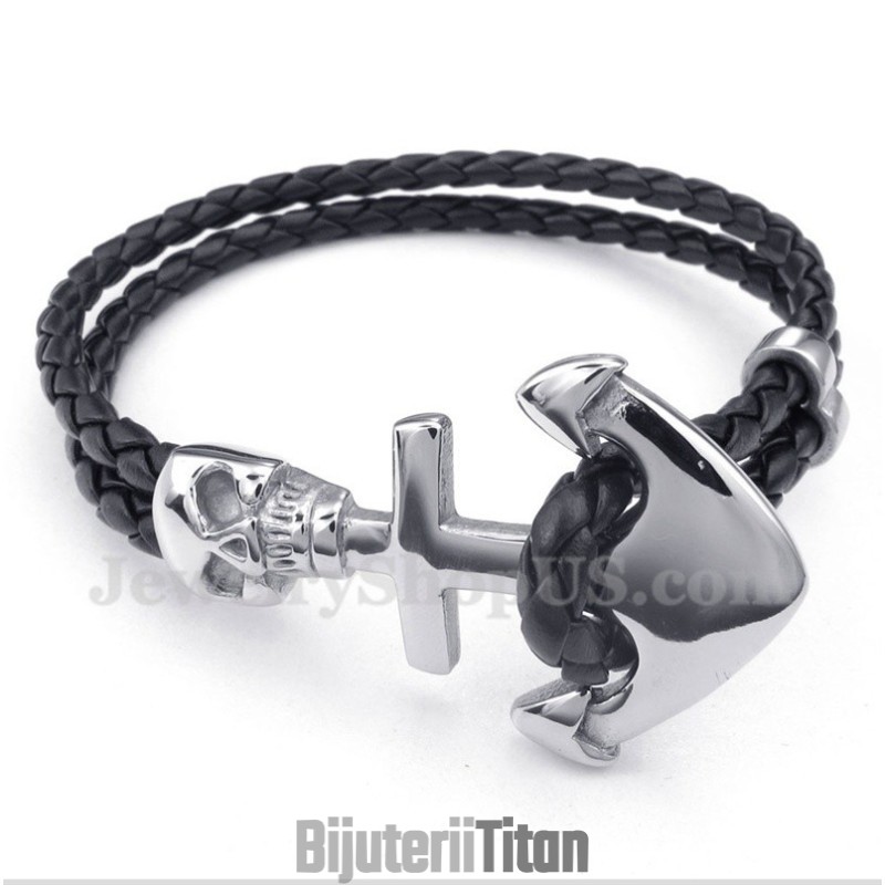 Brățară Bărbătească Din Piele Și Titan Cu Ancoră