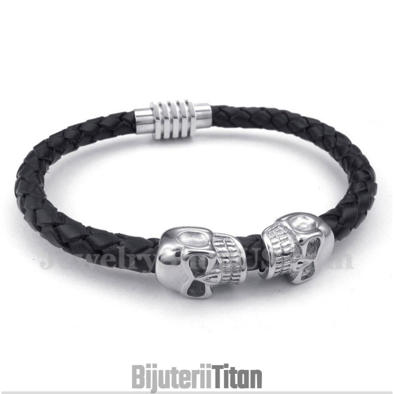 Brățară Bărbătească Din Piele Și Titan Cu Craniu
