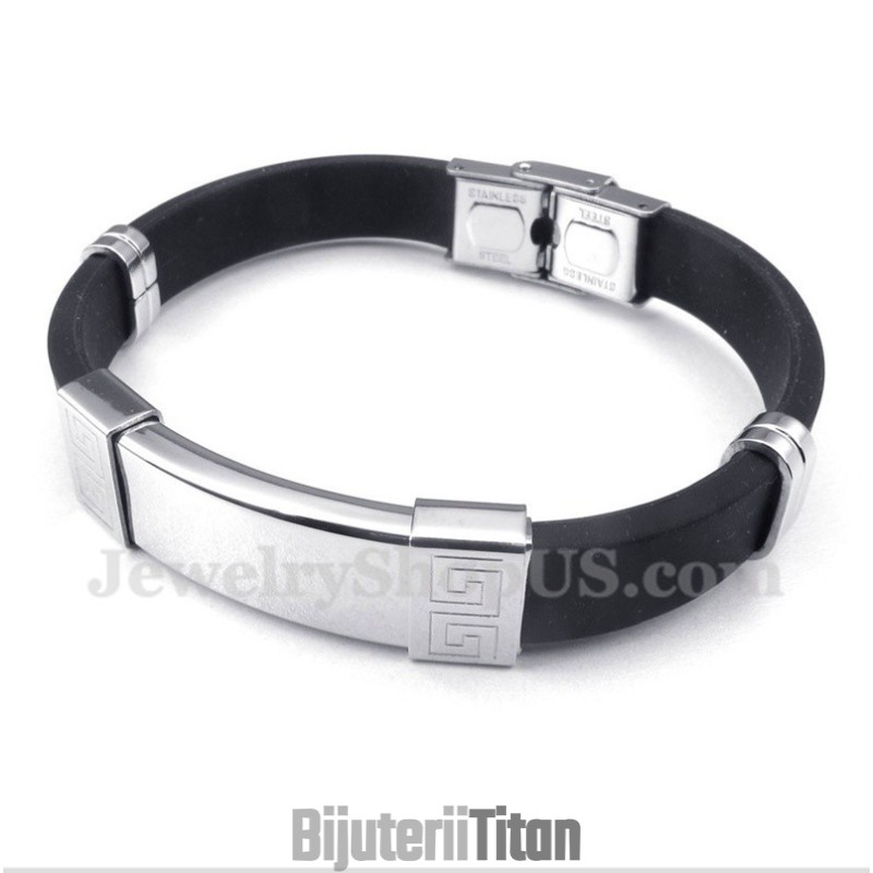 Brățară Bărbătească Din Cauciuc Și Titan Cu Model De Meandră Grecească Brățară Bărbătească Din Cauciuc Și Titan Cu Model De Meandră Grecească