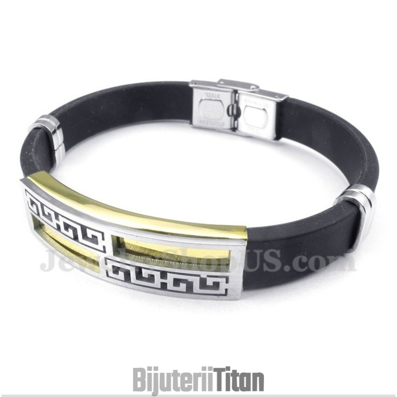 Brățară Bărbătească Din Titan Și Cauciuc, Auriu, Cu Model De Meandră Grecească Brățară Bărbătească Din Titan Și Cauciuc, Auriu, Cu Model De Meandră Grecească