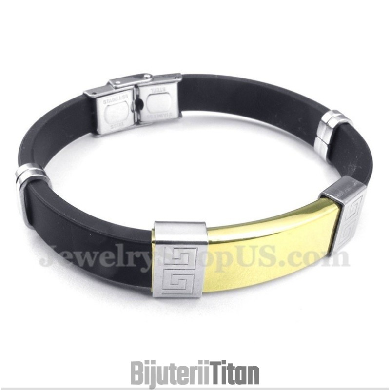 Brățară Bărbătească Din Cauciuc Și Titan Cu Model De Meandră Grecească Brățară Bărbătească Din Cauciuc Și Titan Cu Model De Meandră Grecească