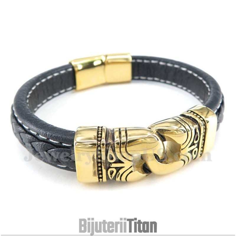 Brățară Bărbătească Din Piele Placată Cu Aur Și Titan
