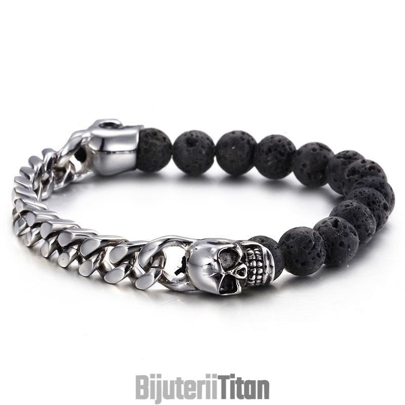 Brățară Din Titan Cu Mărgele De Piatră Vulcanică Și Craniu Buddha