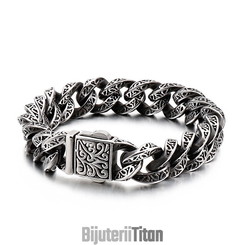 Brățară Bărbătească Din Titan Cu Bucle Vintage Și Cranii Florale