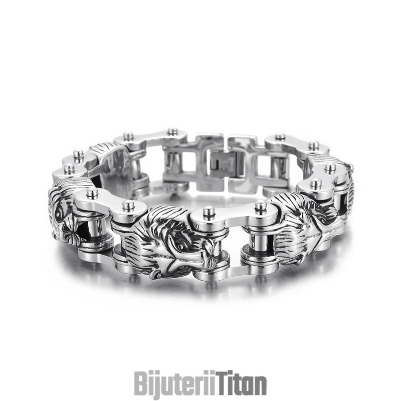 Brățară Motociclistă Pentru Bărbați Din Titan Cu Cap De Leu Exagerat Și Cool, Bijuterii Din Seria Animal New Animal Series Brățară Motociclistă Pentru Bărbați Din Titan Cu Cap De Leu Exagerat Și Cool, Bijuterii Din Seria Animal New Animal Series