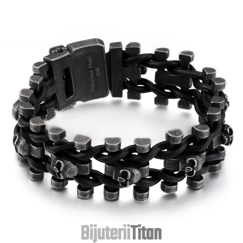 Brățară Retro Din Piele Groasă Cu Craniu, Culoare Retro, Brățară De Motociclist Pentru Bărbați Din Titan