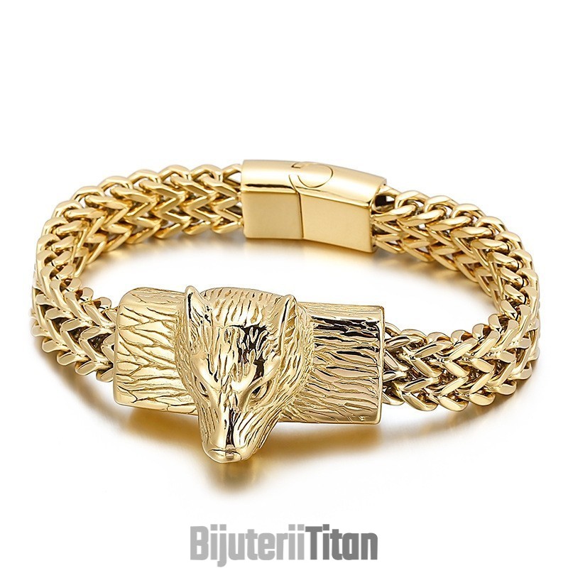 Brățară Bărbătească Din Titan Cu Cap De Lup, Cu Două Rânduri De Chilă Țesută, Hip Hop Brățară Bărbătească Din Titan Cu Cap De Lup, Cu Două Rânduri De Chilă Țesută, Hip Hop