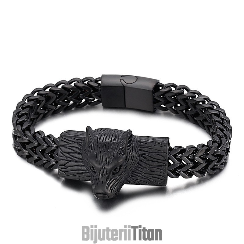Brățară Bărbătească Din Titan Cu Cap De Lup, Cu Două Rânduri De Chilă Țesută, Hip Hop Brățară Bărbătească Din Titan Cu Cap De Lup, Cu Două Rânduri De Chilă Țesută, Hip Hop