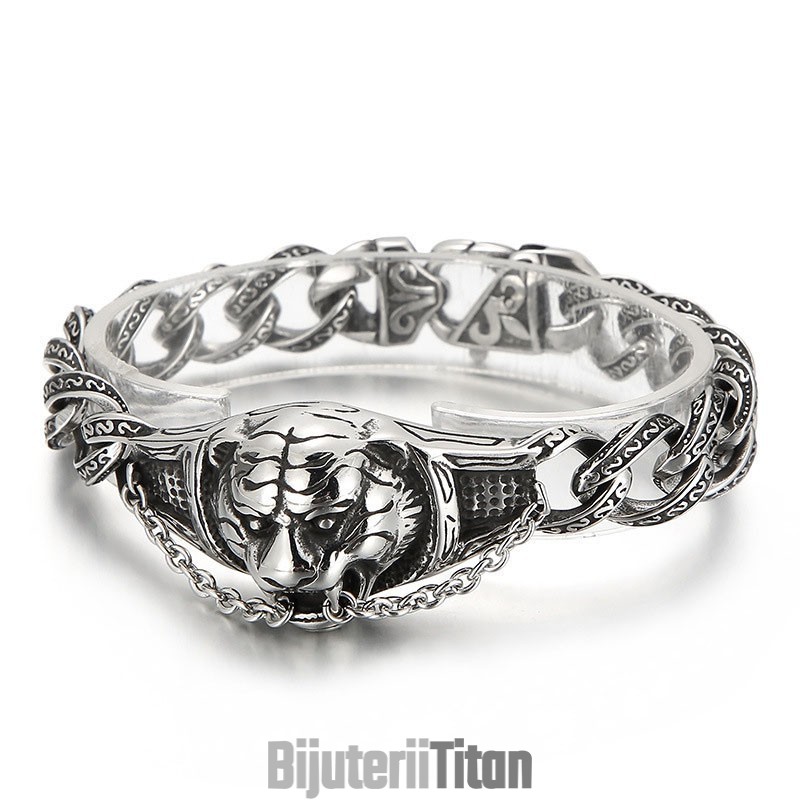 Brățară Vintage Din Titan Cu Model Exagerat, Cu Cap De Tigru Îndoit, Pentru Bărbați Brățară Vintage Din Titan Cu Model Exagerat, Cu Cap De Tigru Îndoit, Pentru Bărbați