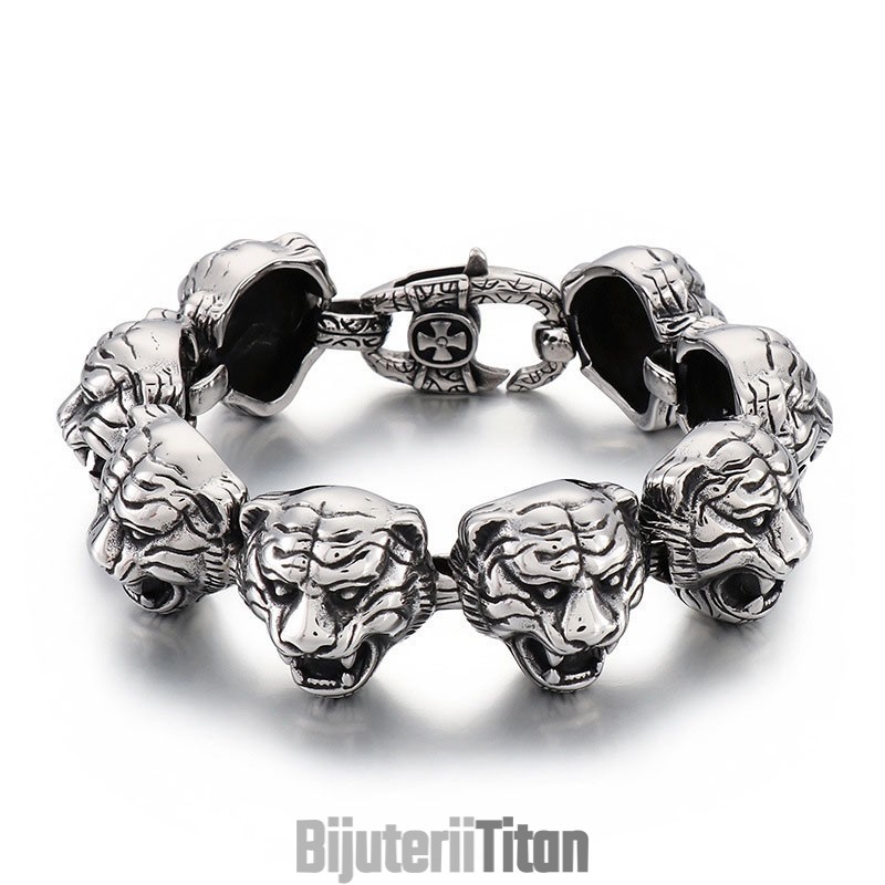 Brățară Din Titan Cu Cap De Tigru La Modă Cool, Cu Cruce Și Flori, Pentru Bărbați Brățară Din Titan Cu Cap De Tigru La Modă Cool, Cu Cruce Și Flori, Pentru Bărbați