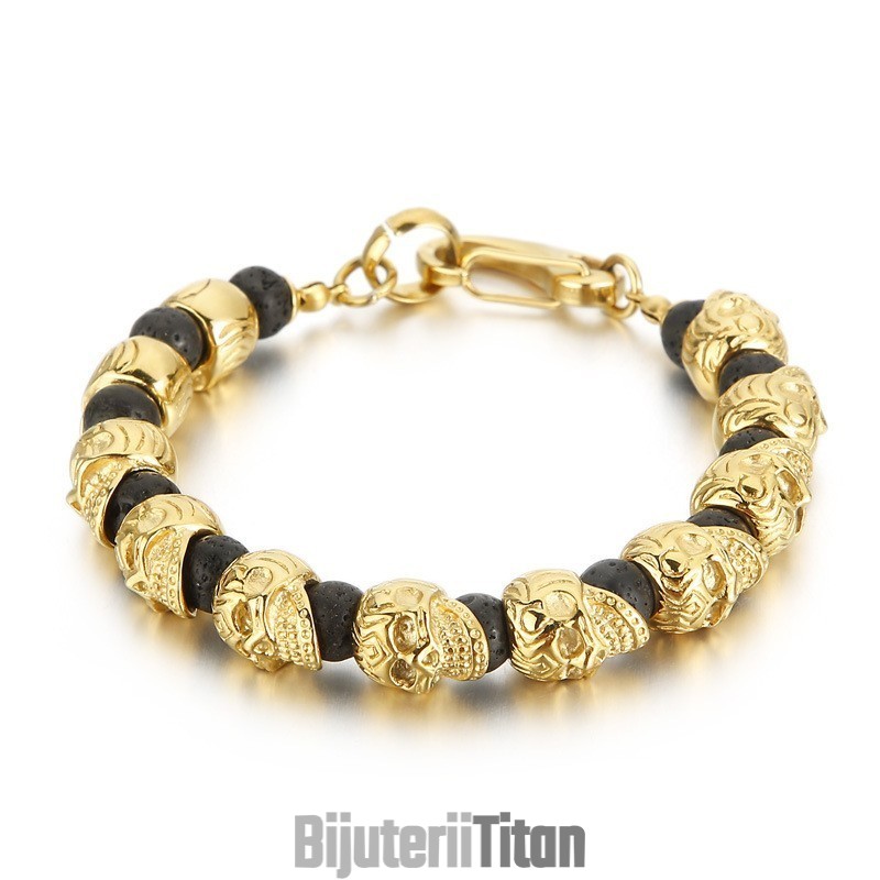 Brățară De Craniu Din Titan Pentru Bărbați, Brățară Cu Piatră Vulcanică Cu Ochi De Tigru Brățară De Craniu Din Titan Pentru Bărbați, Brățară Cu Piatră Vulcanică Cu Ochi De Tigru