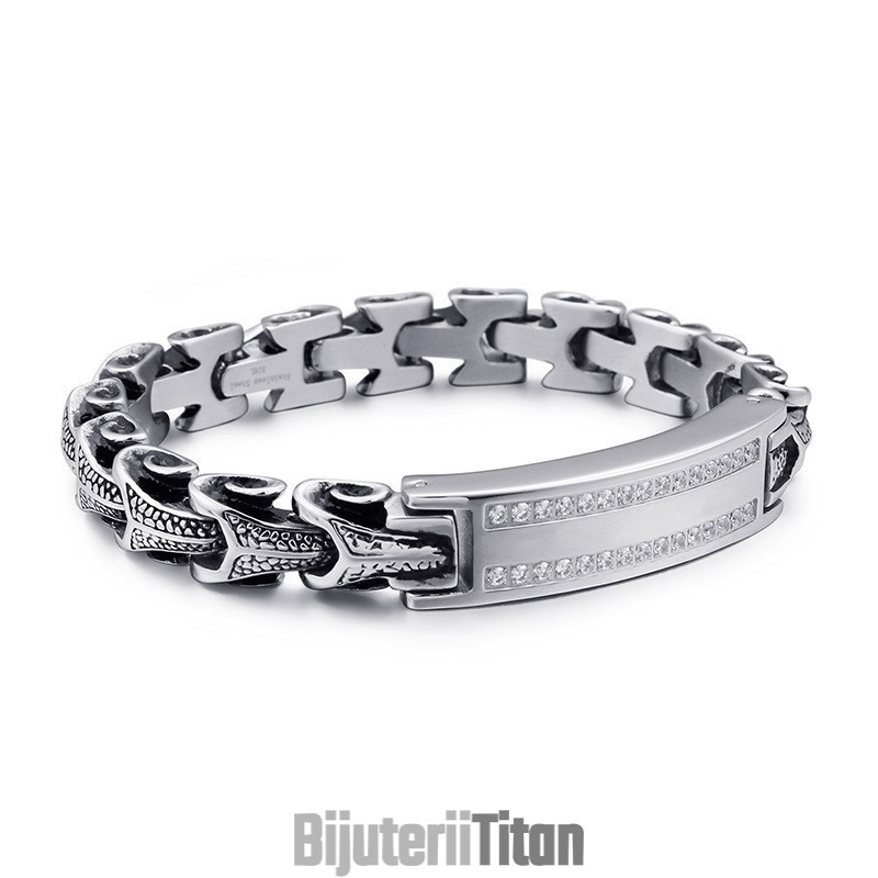 Brățară Bărbătească Din Titan, Cu Micro-Set De Pietre Albe, Model Vintage Keel