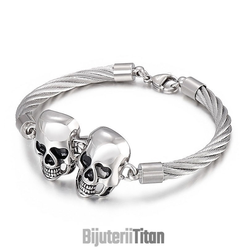 Brățară Din Titan Pentru Bărbați, Din Sârmă De Oțel Cu Craniu Dublu, La Modă, Cool Brățară Din Titan Pentru Bărbați, Din Sârmă De Oțel Cu Craniu Dublu, La Modă, Cool