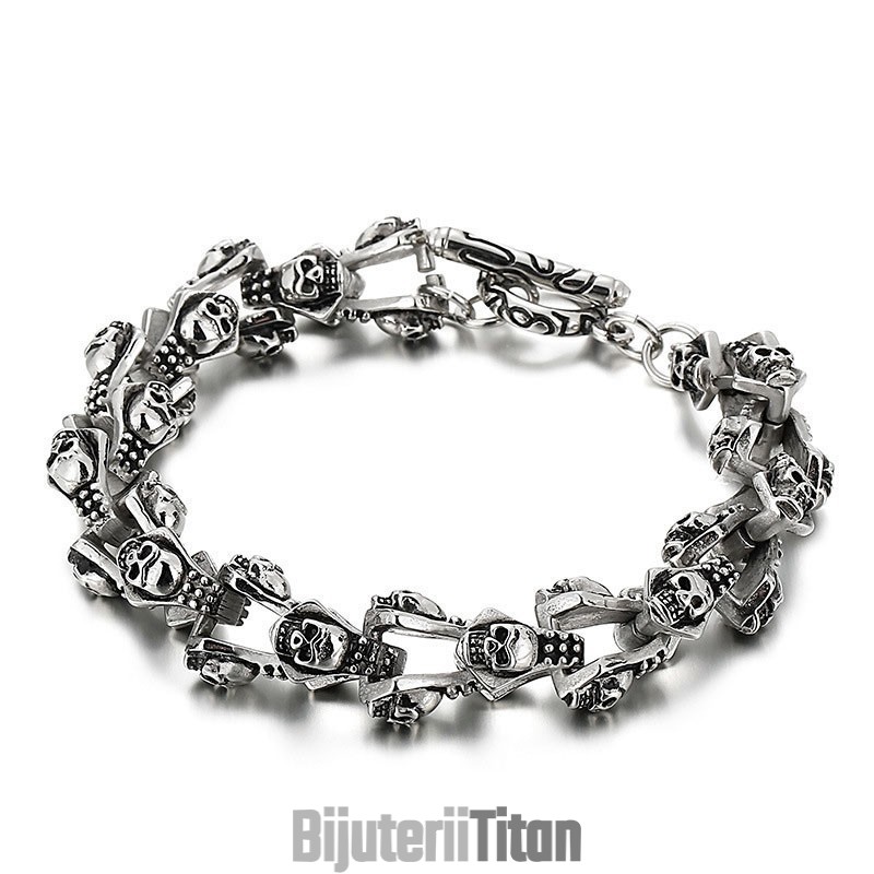 Brățară Elegantă Bărbătească Din Titan Turnat Cu Cap De Craniu Și Fantomă