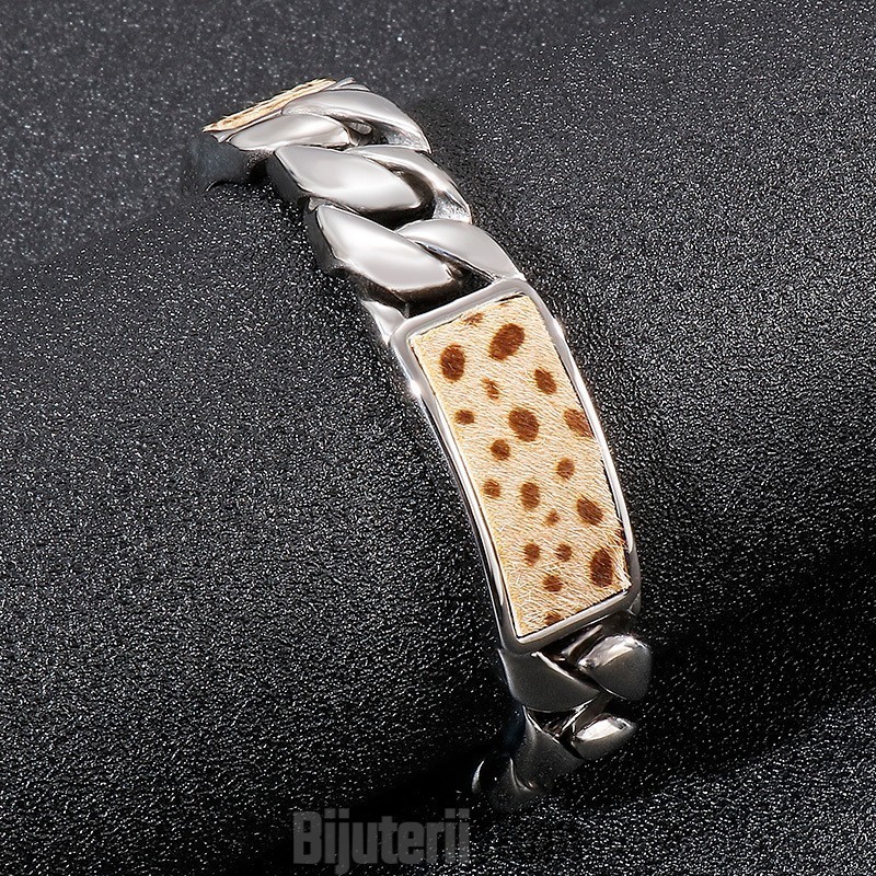 Brățară Din Titan Cu Nasturi Și Imprimeu Leopard Pentru Bărbați, Bijuterii De Mână La Modă Tide Brățară Din Titan Cu Nasturi Și Imprimeu Leopard Pentru Bărbați, Bijuterii De Mână La Modă Tide